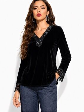 Elementz Petite Black Velvet Sequin Lace Trim V-Neck Long Sleeve Blouse PL